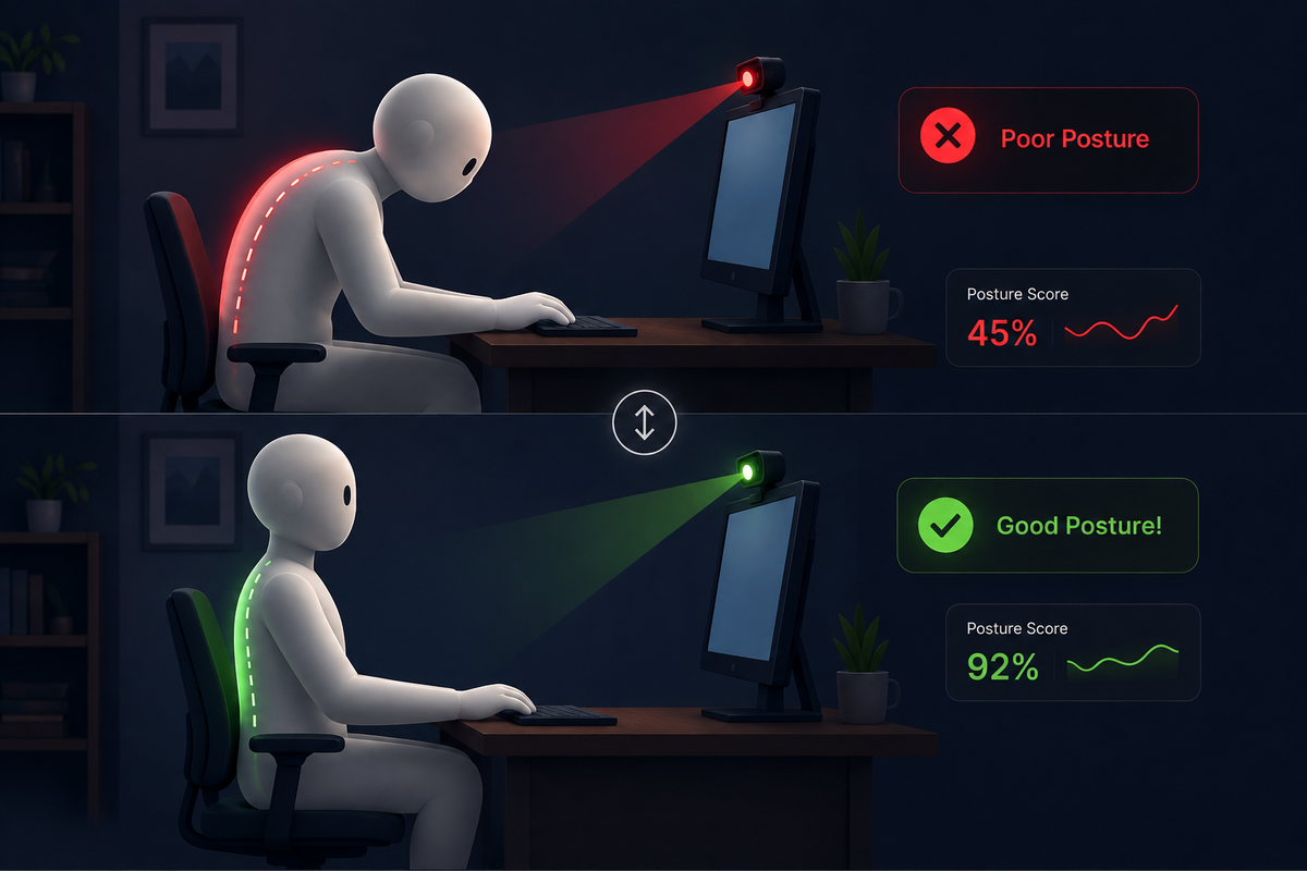 Two illustrations of the same person at a desk. Above, slouched with a curved spine highlighted red, the webcam light red, and a posture score of 45 percent. Below, sitting upright with the spine highlighted green, the webcam light green, and a posture score of 92 percent.